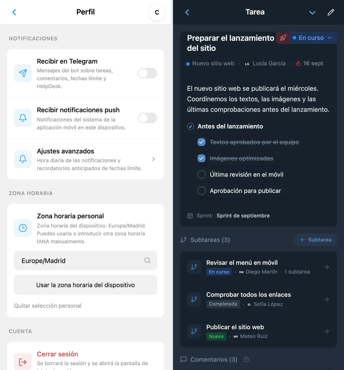 Ajustes de notificaciones de Telegram y fecha límite de una tarea en iTasks