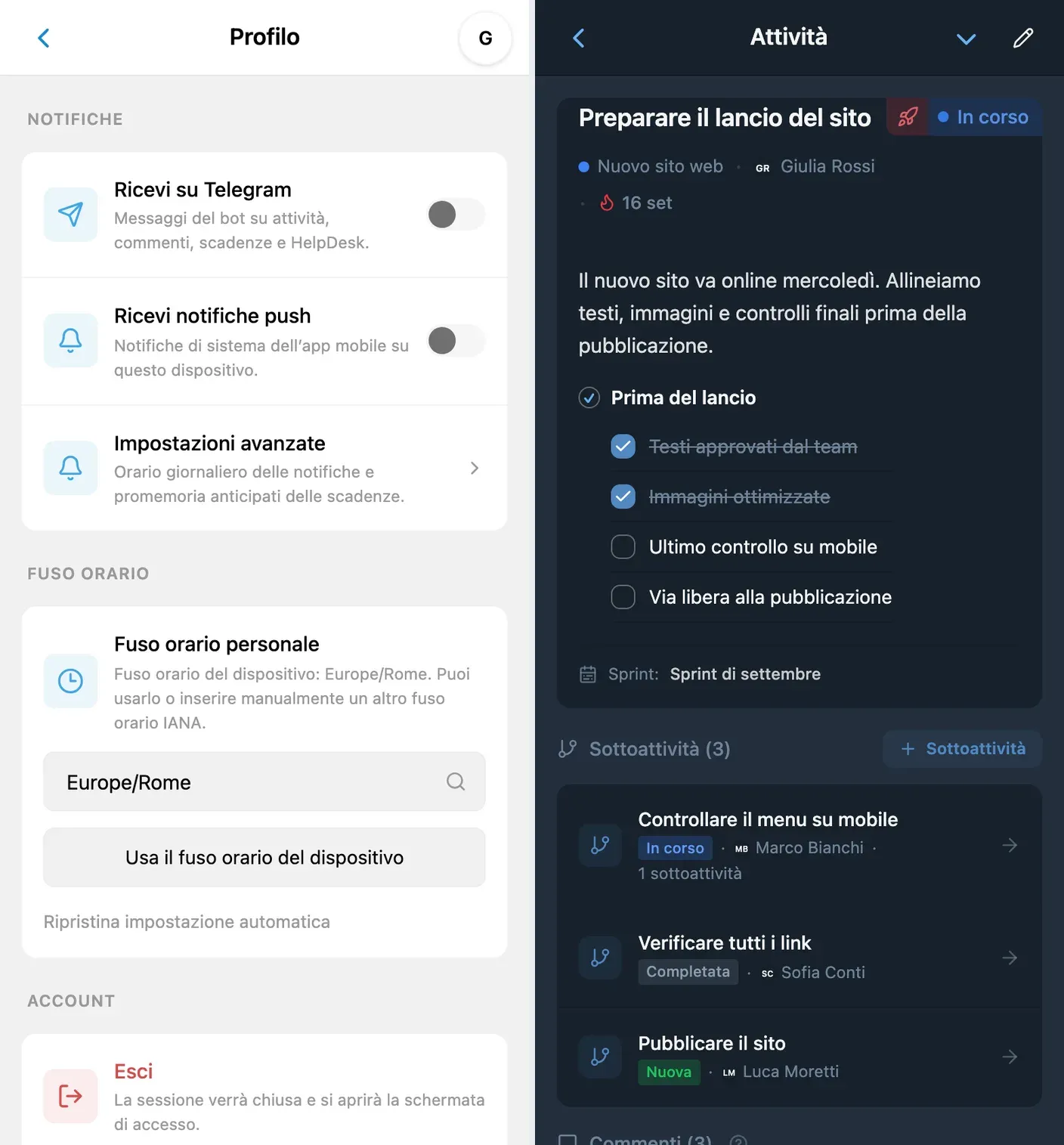 Impostazioni delle notifiche Telegram e scadenza di un’attività
