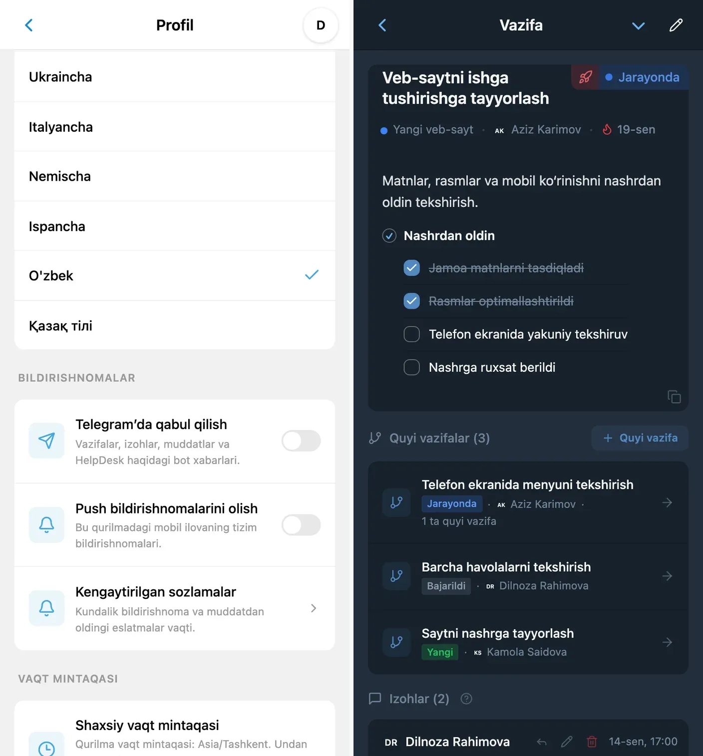 iTasks’dagi Telegram bildirishnoma sozlamalari va vazifa muddati