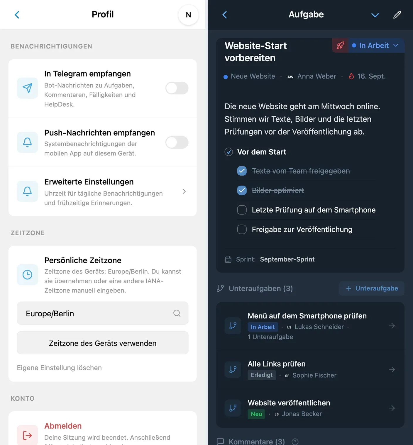 Telegram-Benachrichtigungseinstellungen und Fälligkeitsdatum einer Aufgabe in iTasks