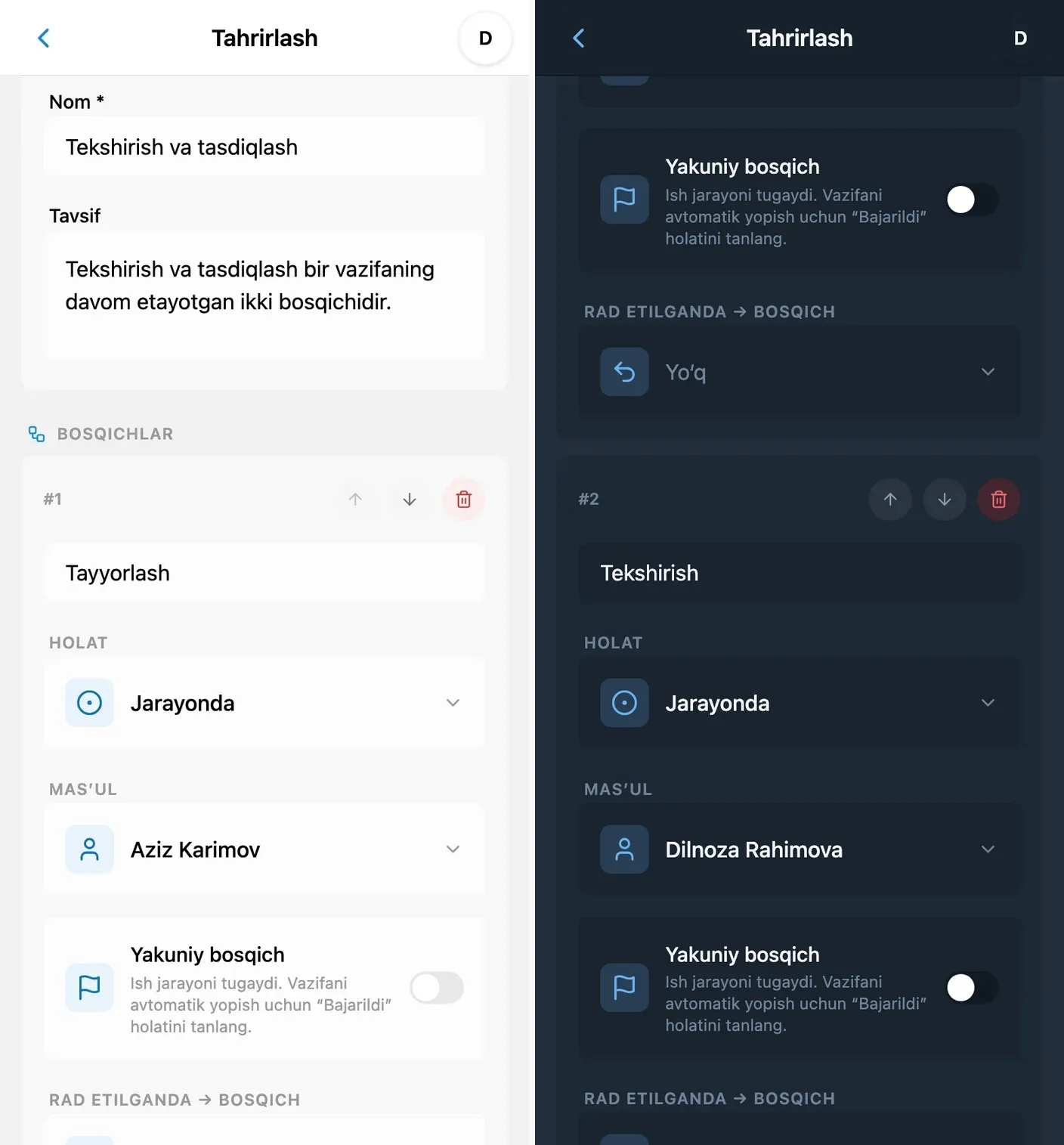 iTasks’da ish jarayoni ssenariysini sozlash