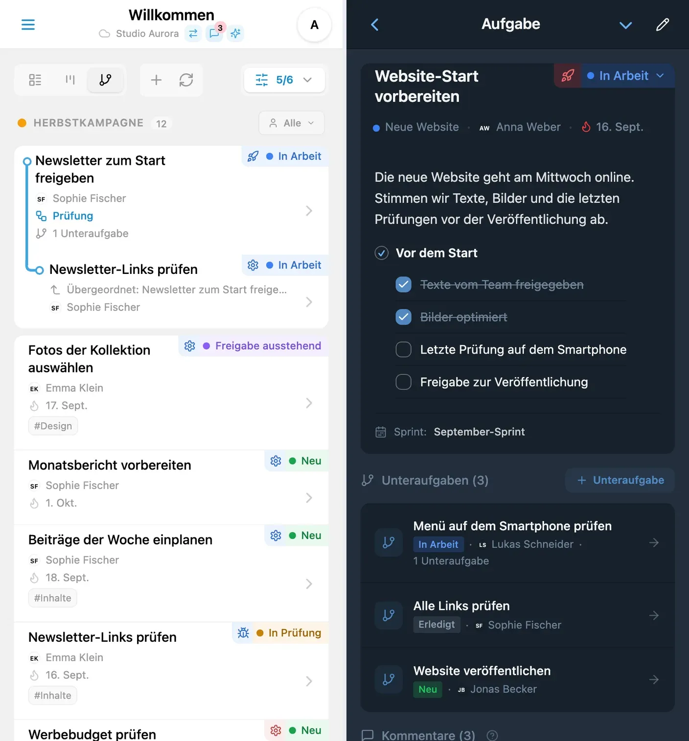 Projektbaum und Aufgabenansicht in iTasks