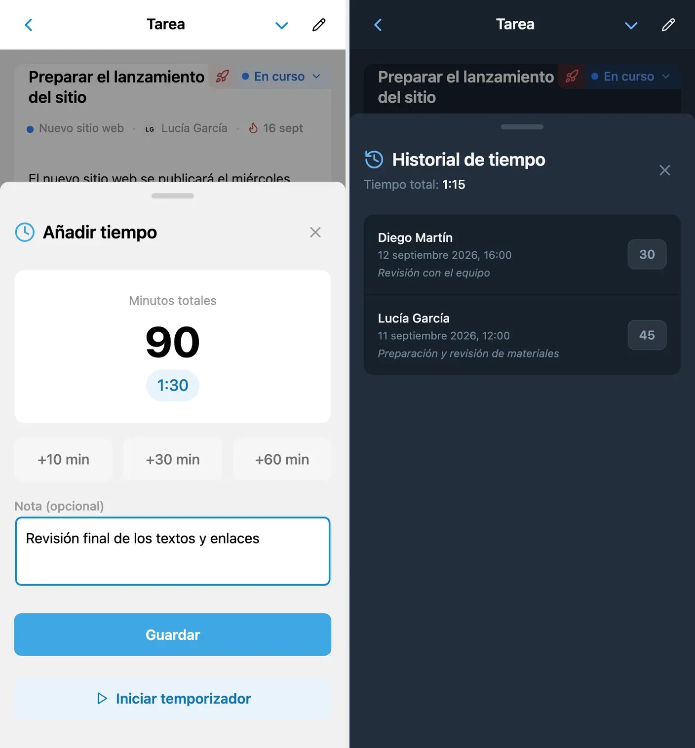 Registro de tiempo en una tarea de iTasks