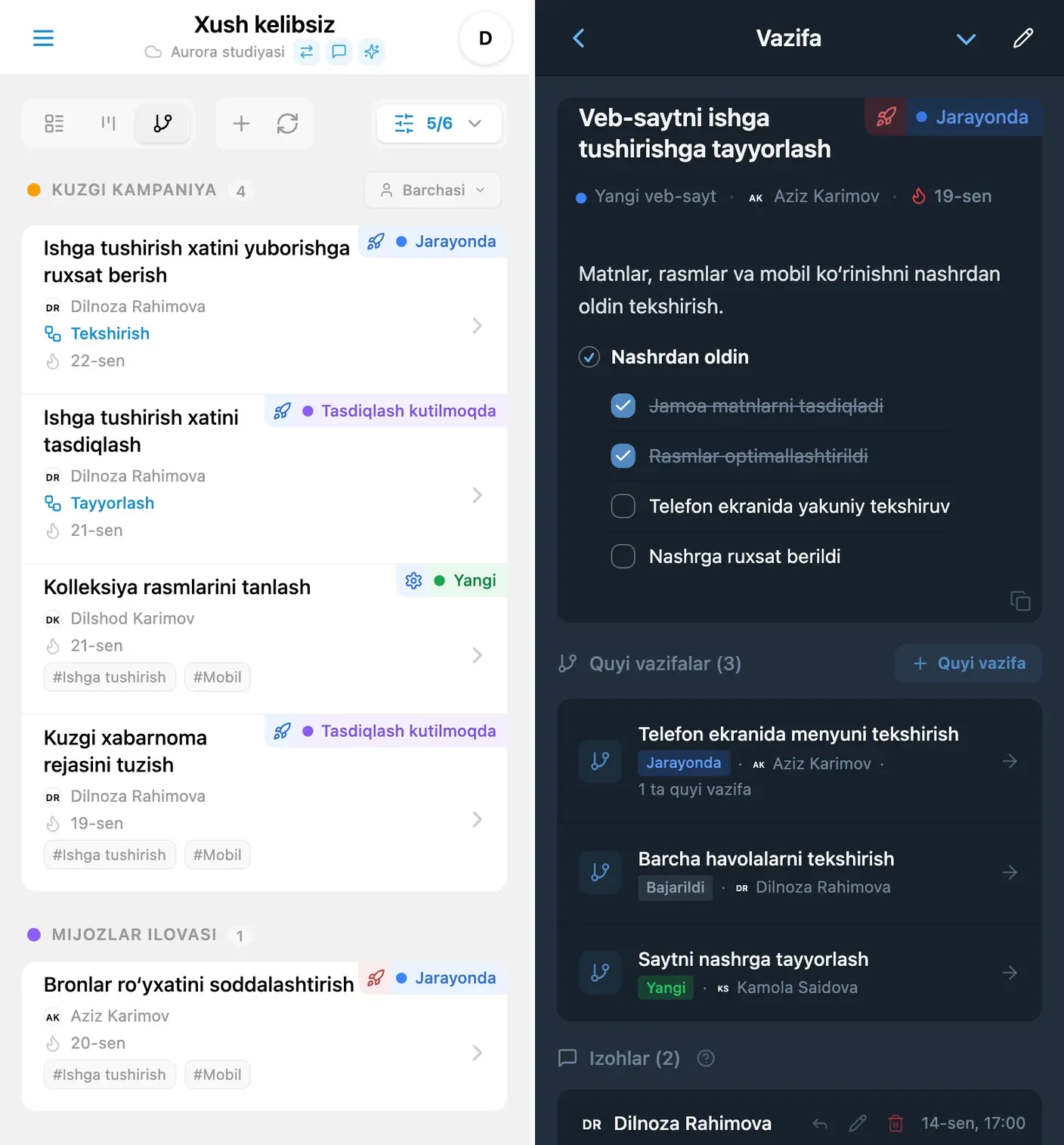 iTasks’dagi loyiha daraxti va vazifa tafsilotlari