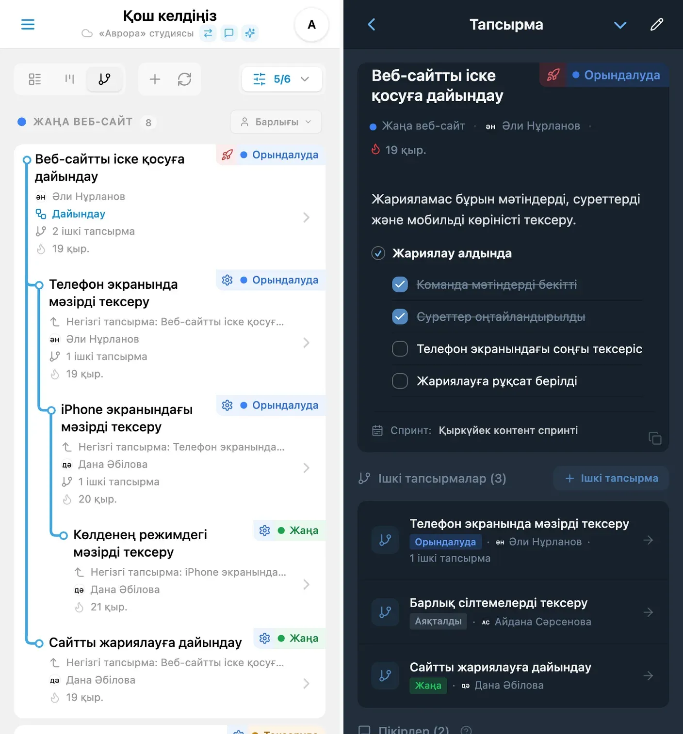 iTasks жүйесіндегі жоба ағашы мен тапсырма мәліметтері