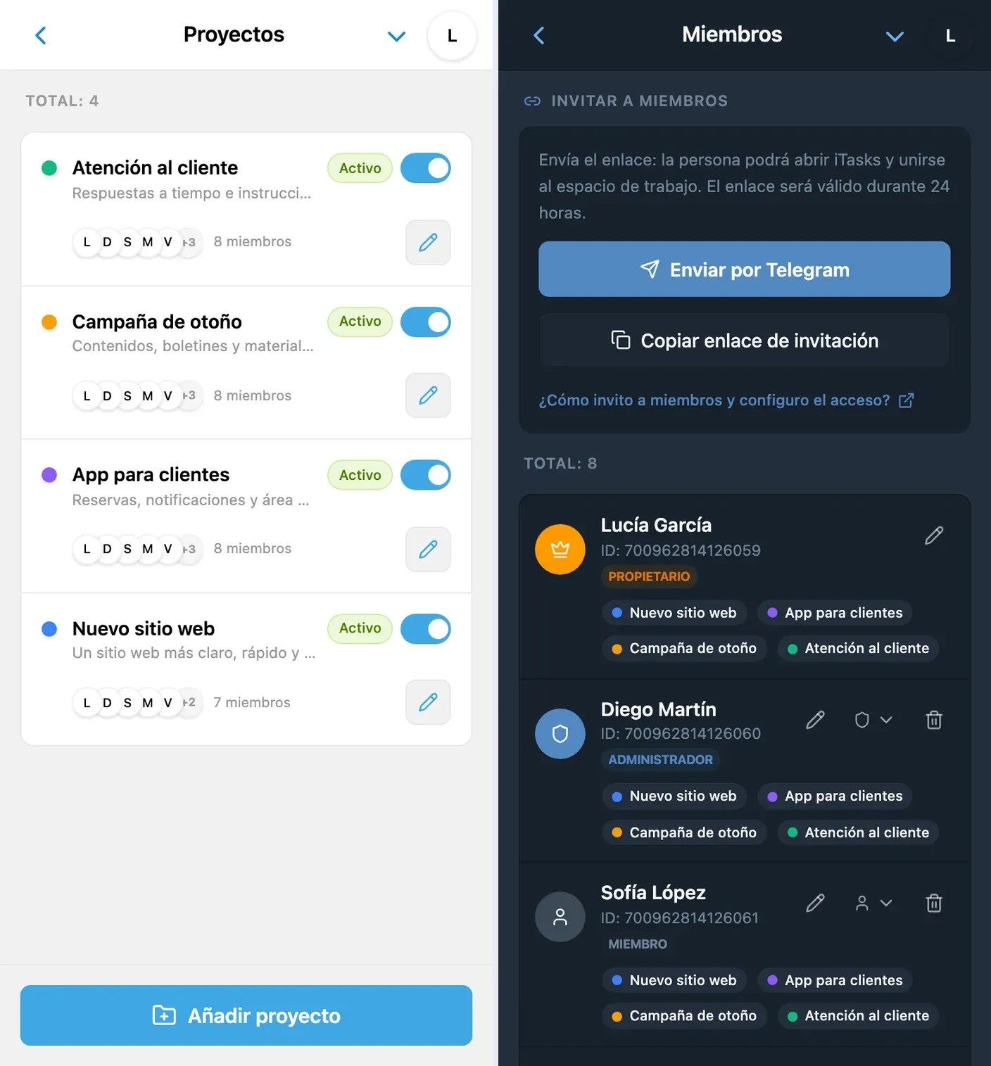 Vista general de un espacio de iTasks con proyectos y miembros