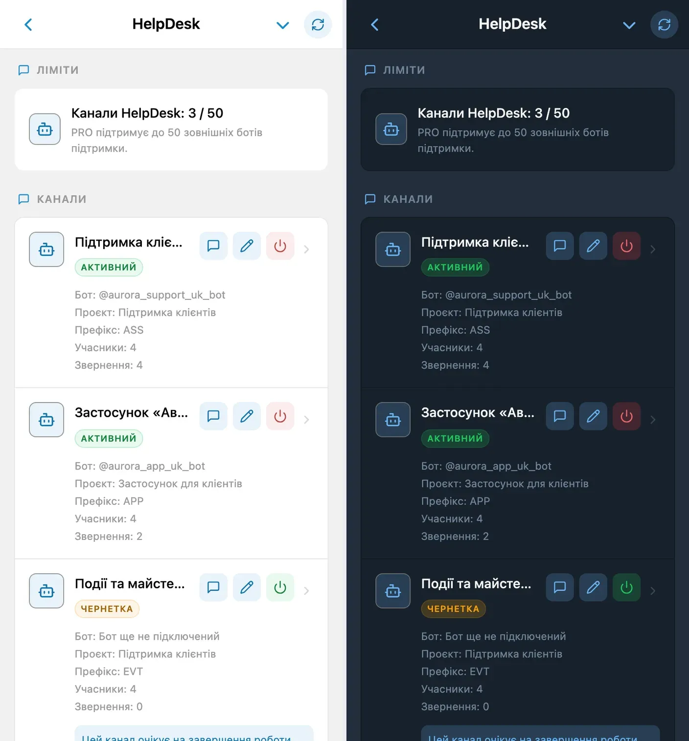 Окремі канали підтримки для клієнтів, застосунку й подій — світла й темна теми