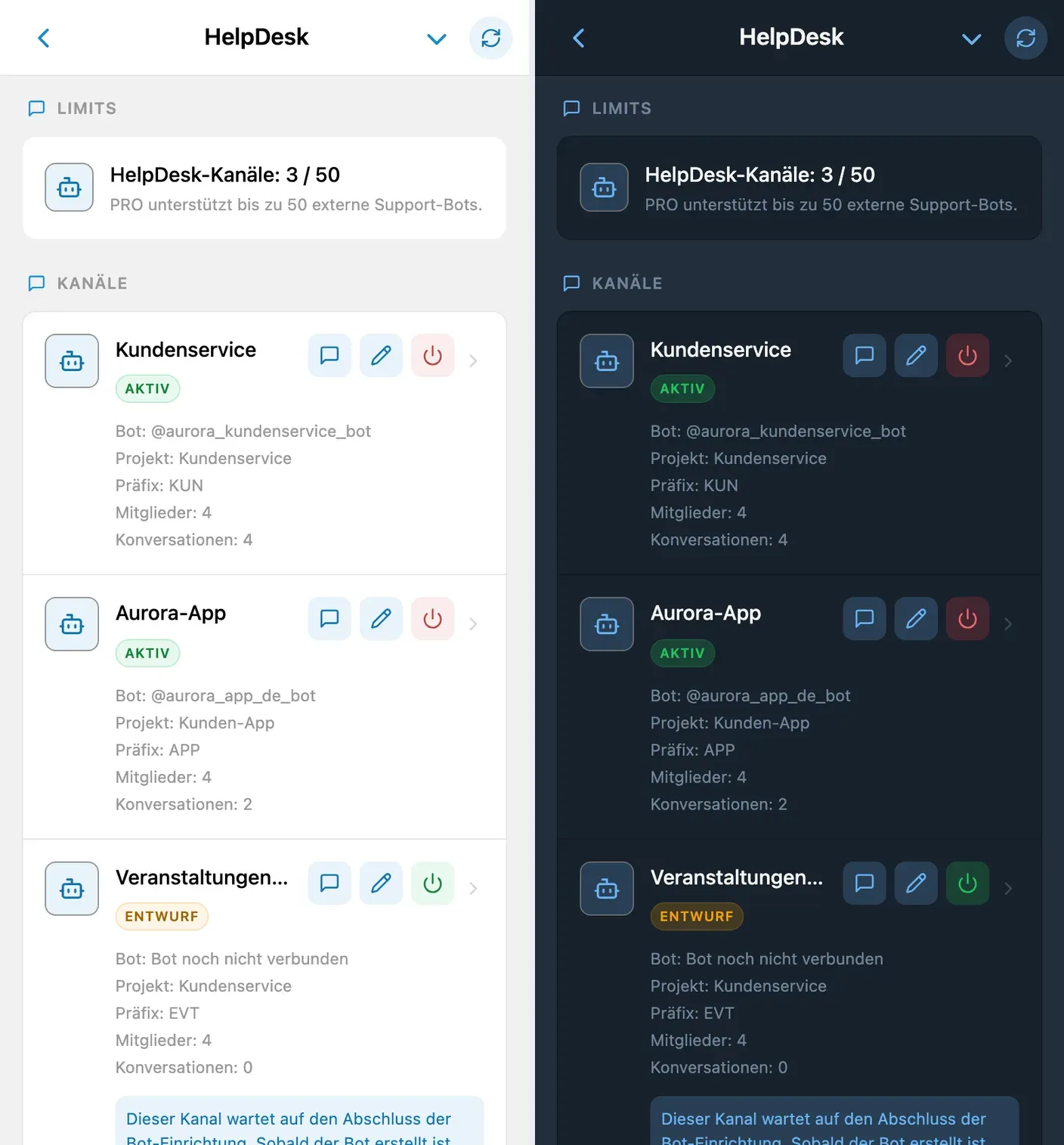 Eigene Supportkanäle für Kunden, die App und Veranstaltungen im hellen und dunklen Design
