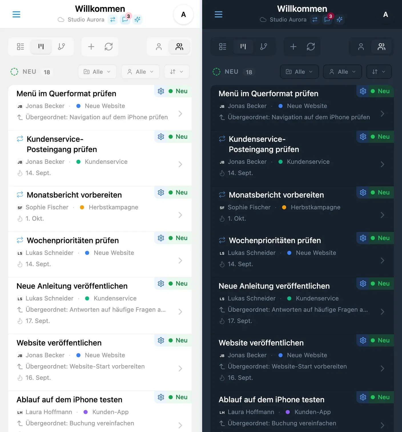 iTasks-Kanban-Board mit Aufgaben nach Status