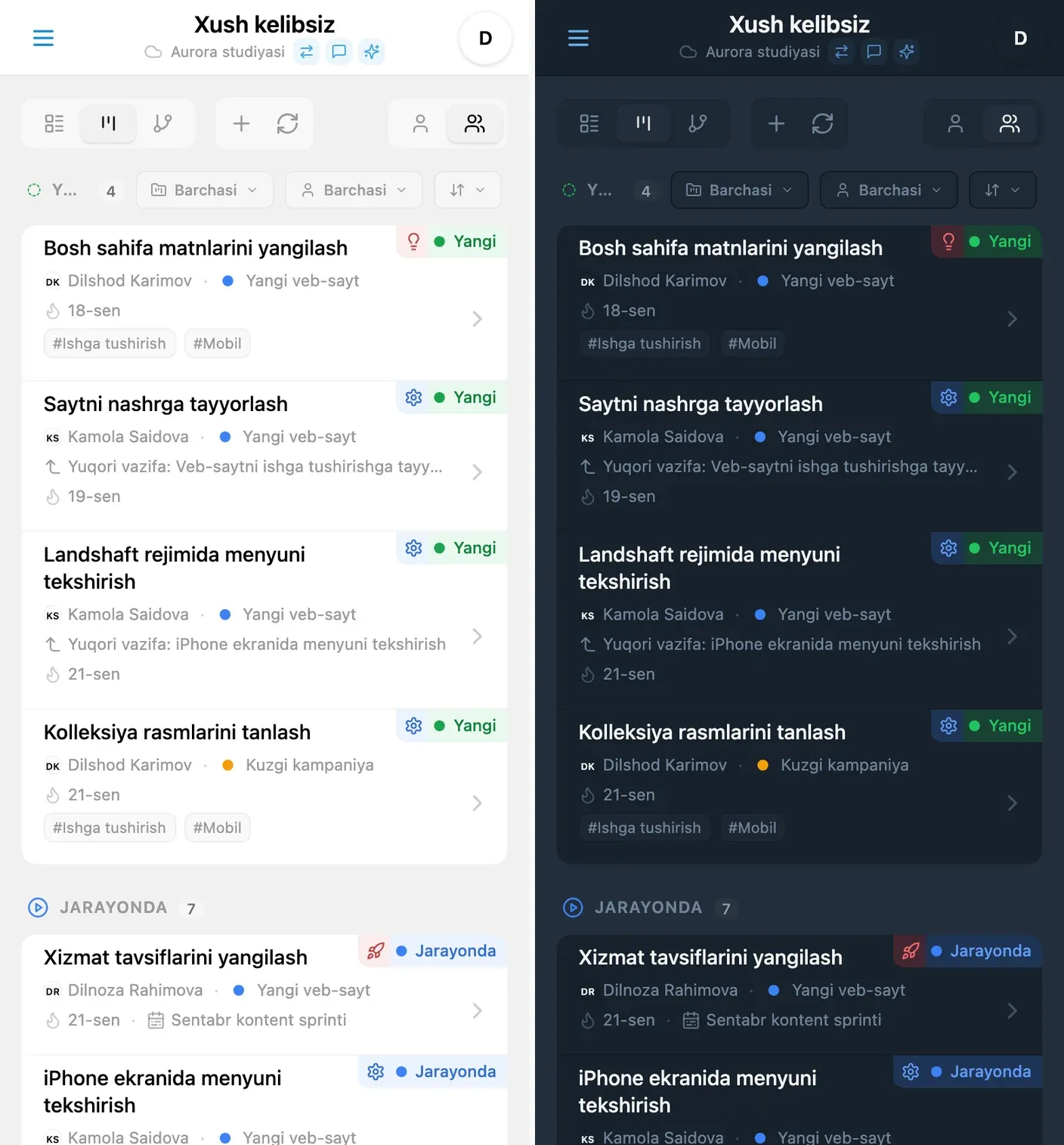 Holat ustunlarida tartiblangan vazifalar bilan iTasks Kanban taxtasi