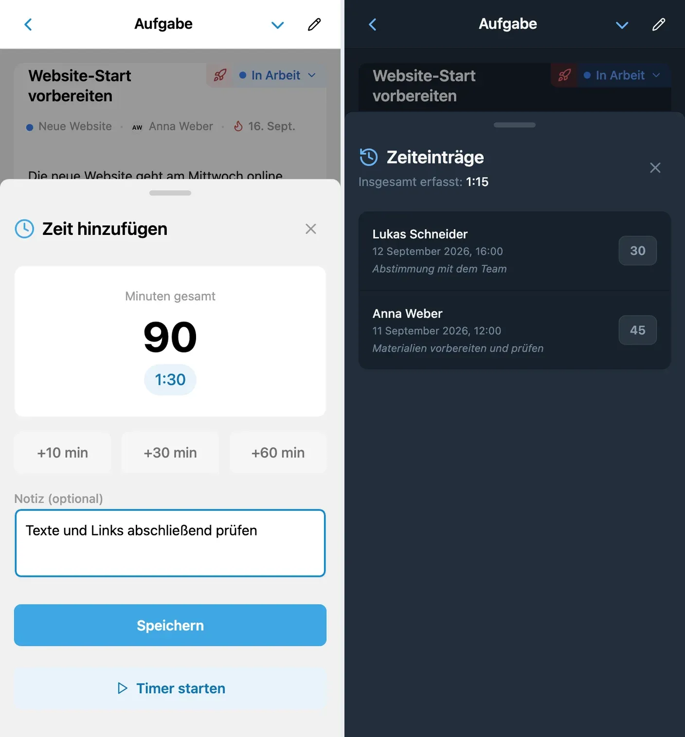 Zeiteintrag zu einer Aufgabe in iTasks