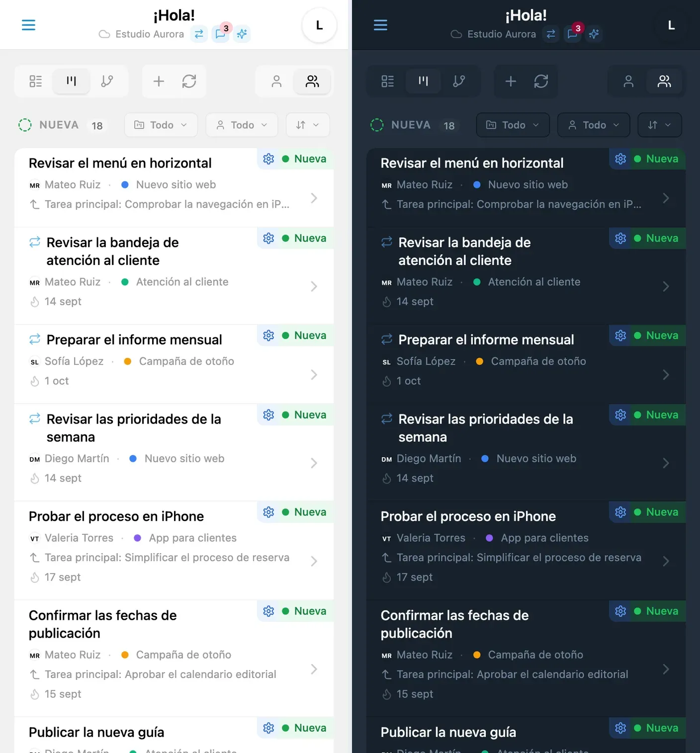 Tablero Kanban de iTasks con tareas agrupadas por estado