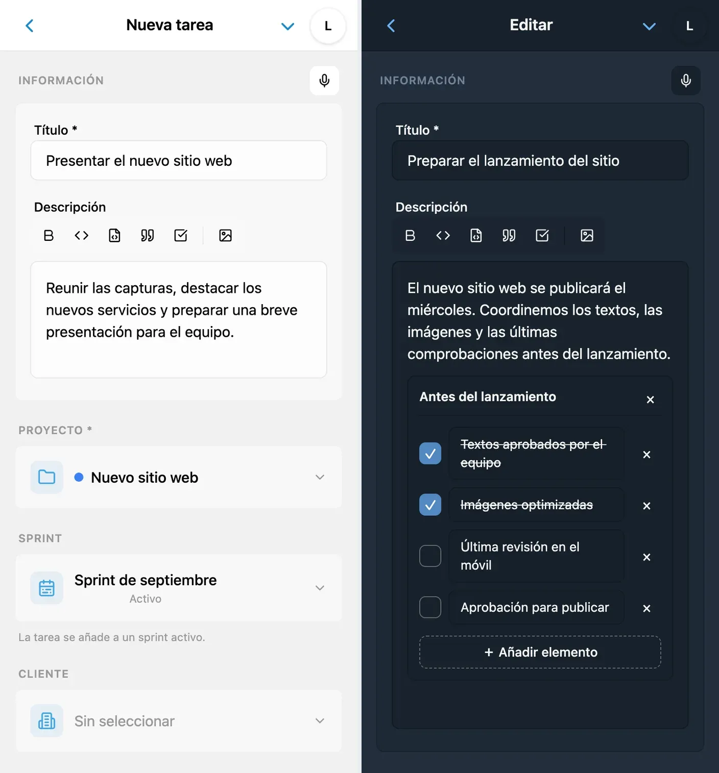 Creación y edición de una tarea en iTasks: descripción, proyecto y campos adicionales