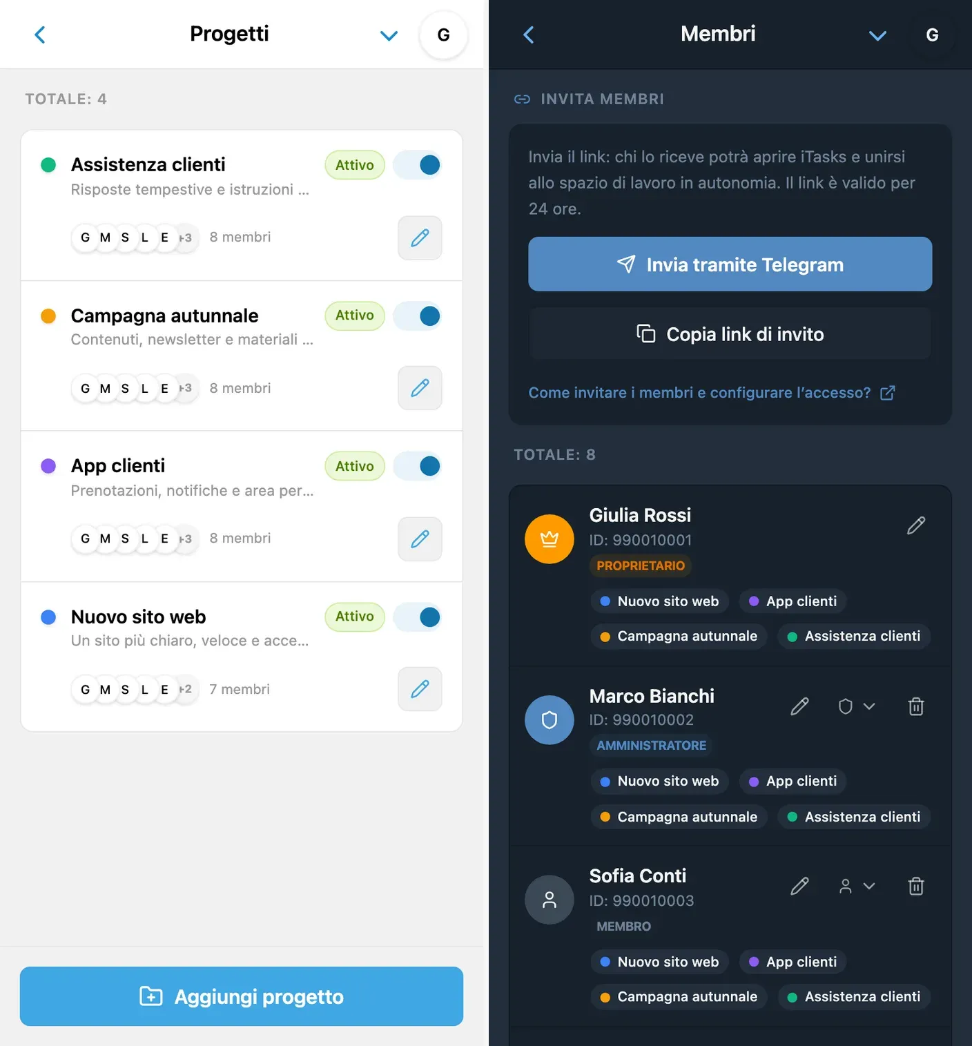 Panoramica dello spazio di lavoro iTasks con progetti e membri