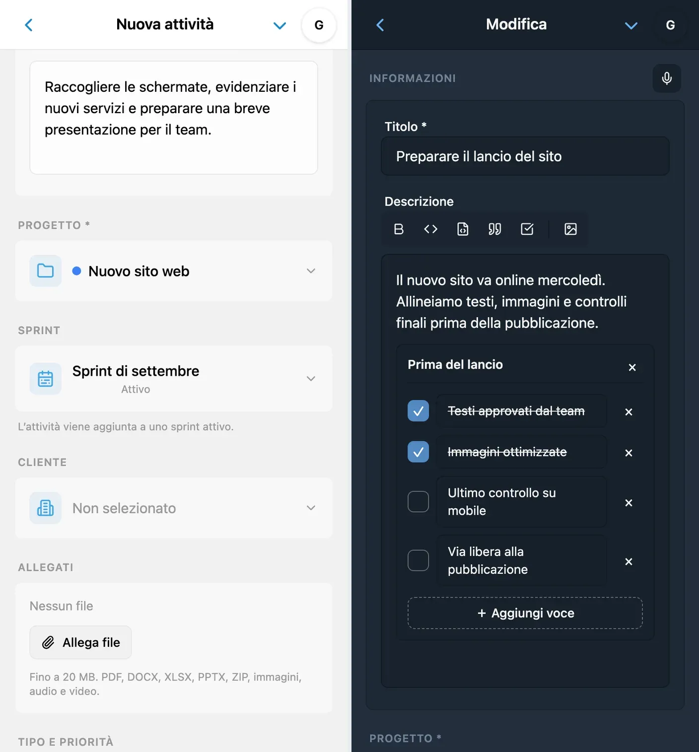 Creazione e modifica di un’attività iTasks con descrizione, progetto e checklist