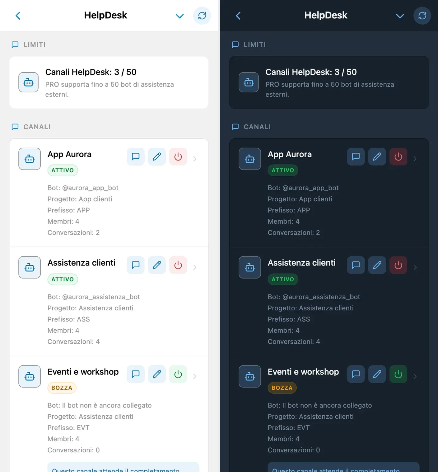 Canali HelpDesk di Studio Aurora in tema chiaro e scuro