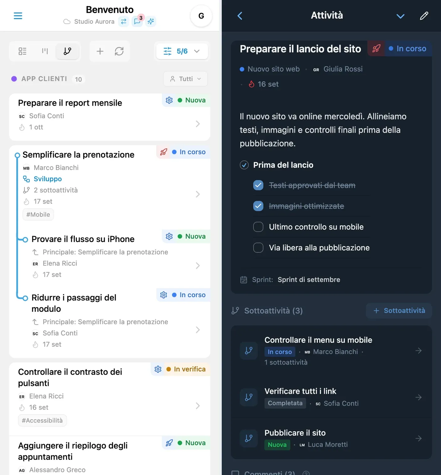Spazio di lavoro e scheda di un’attività nell’interfaccia iTasks