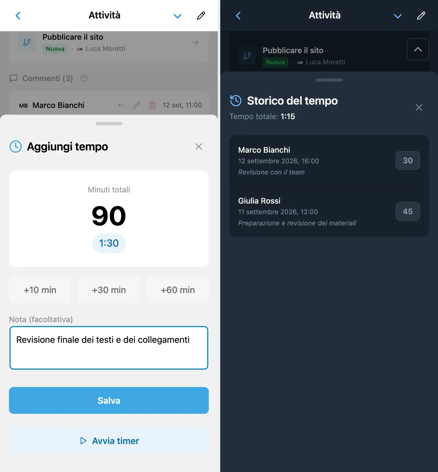 Registrazione del tempo su un’attività in iTasks