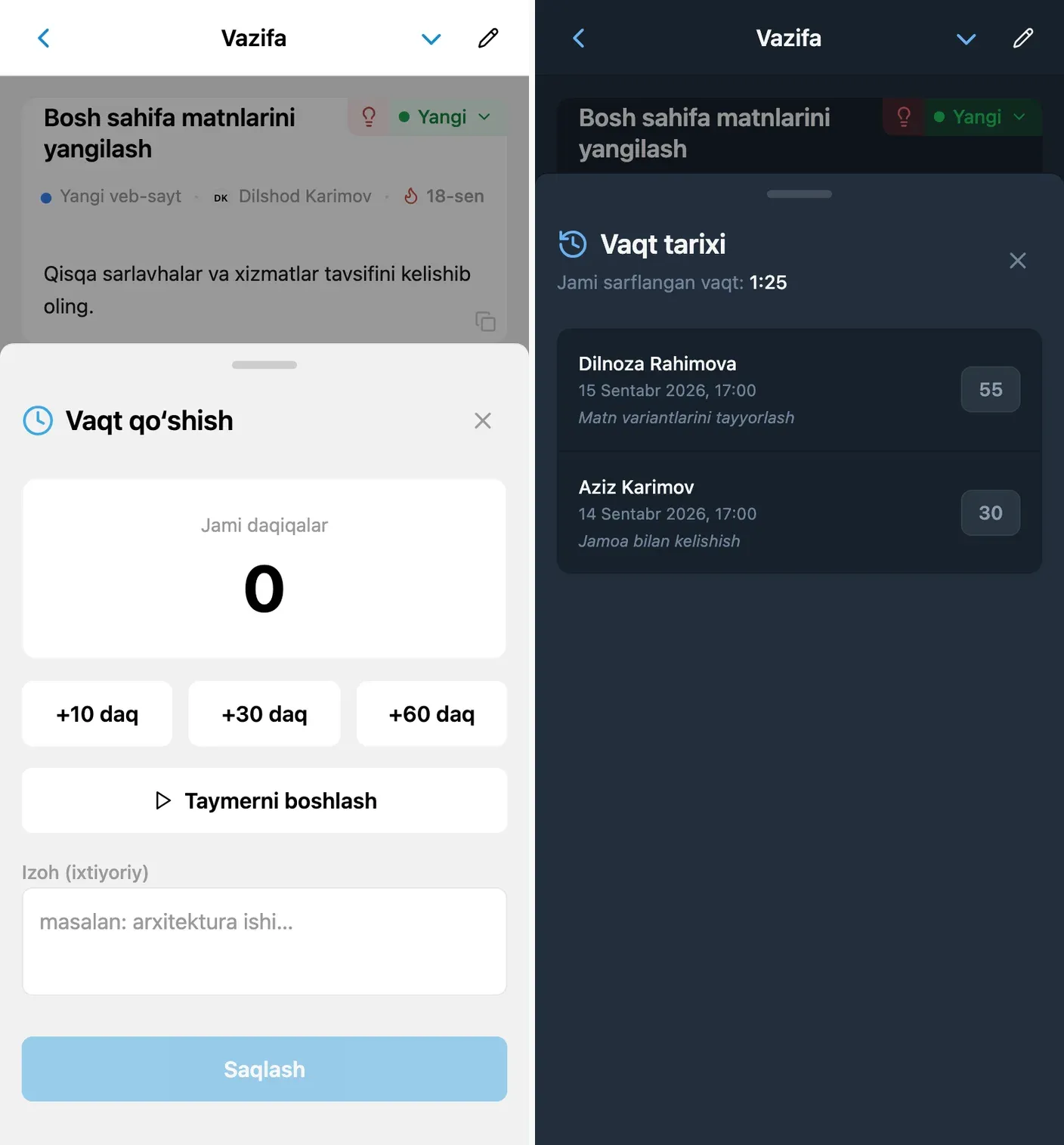iTasks vazifasidagi vaqt yozuvi