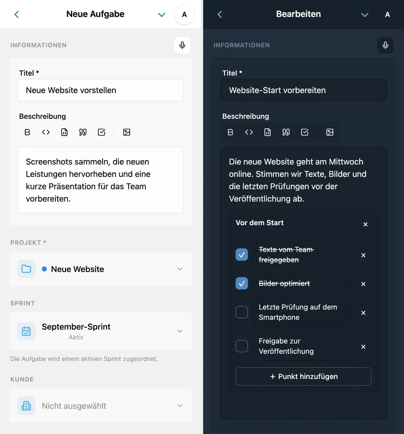 Eine Aufgabe in iTasks erstellen und bearbeiten: Beschreibung, Projekt und weitere Felder
