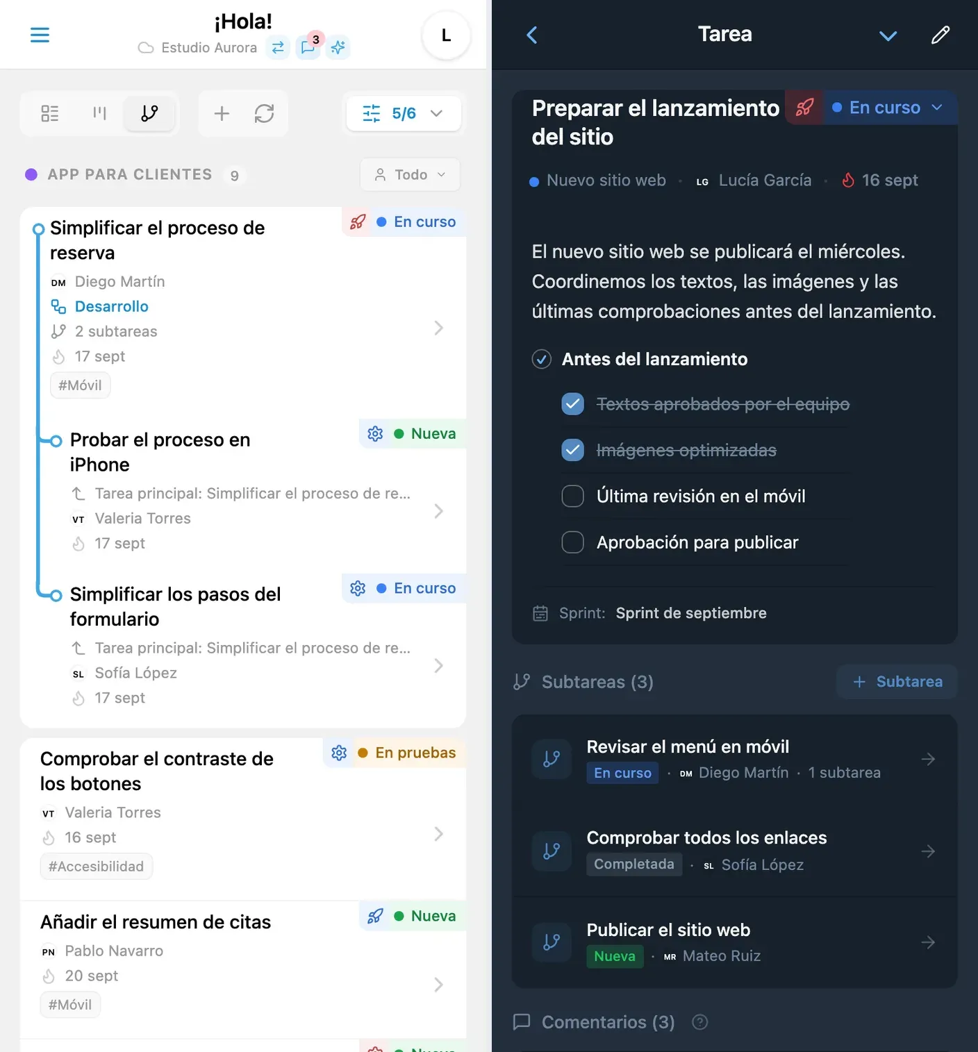 Árbol de proyectos y detalles de una tarea en iTasks