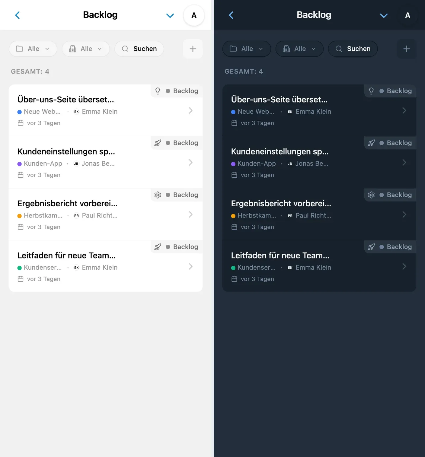 Das Backlog von iTasks im hellen und dunklen Design