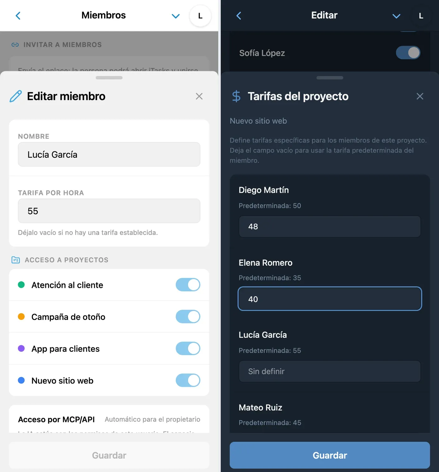 Ajustes de tarifas por hora de los miembros en iTasks