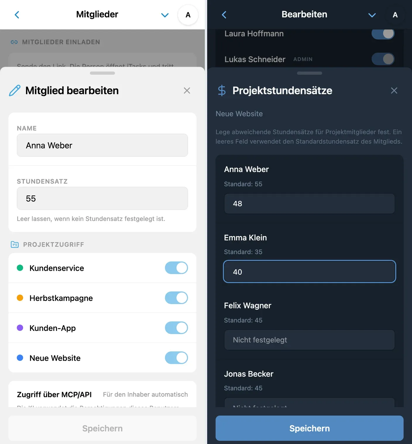 Stundensätze der Teammitglieder in iTasks