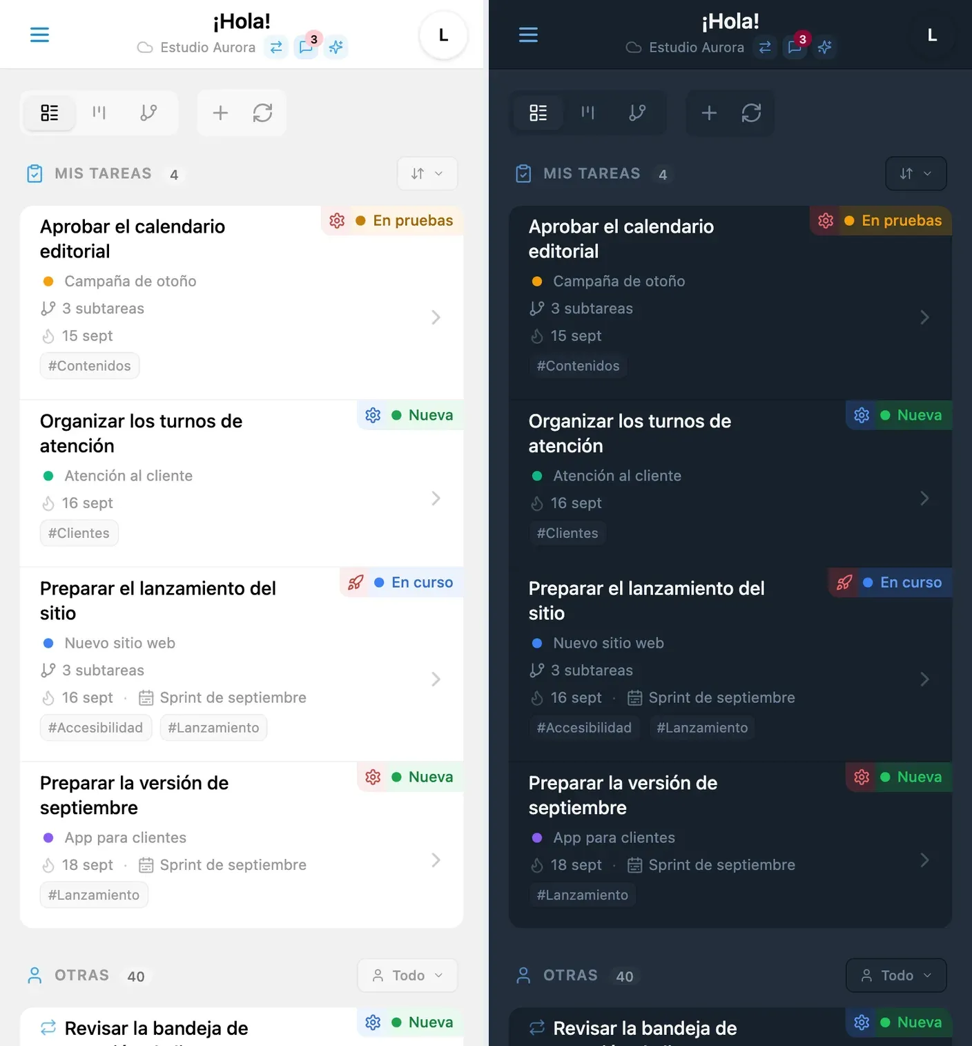 Tarjetas de iTasks con los colores de sus proyectos