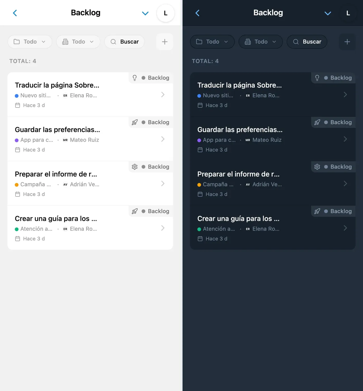 Backlog de iTasks en los temas claro y oscuro