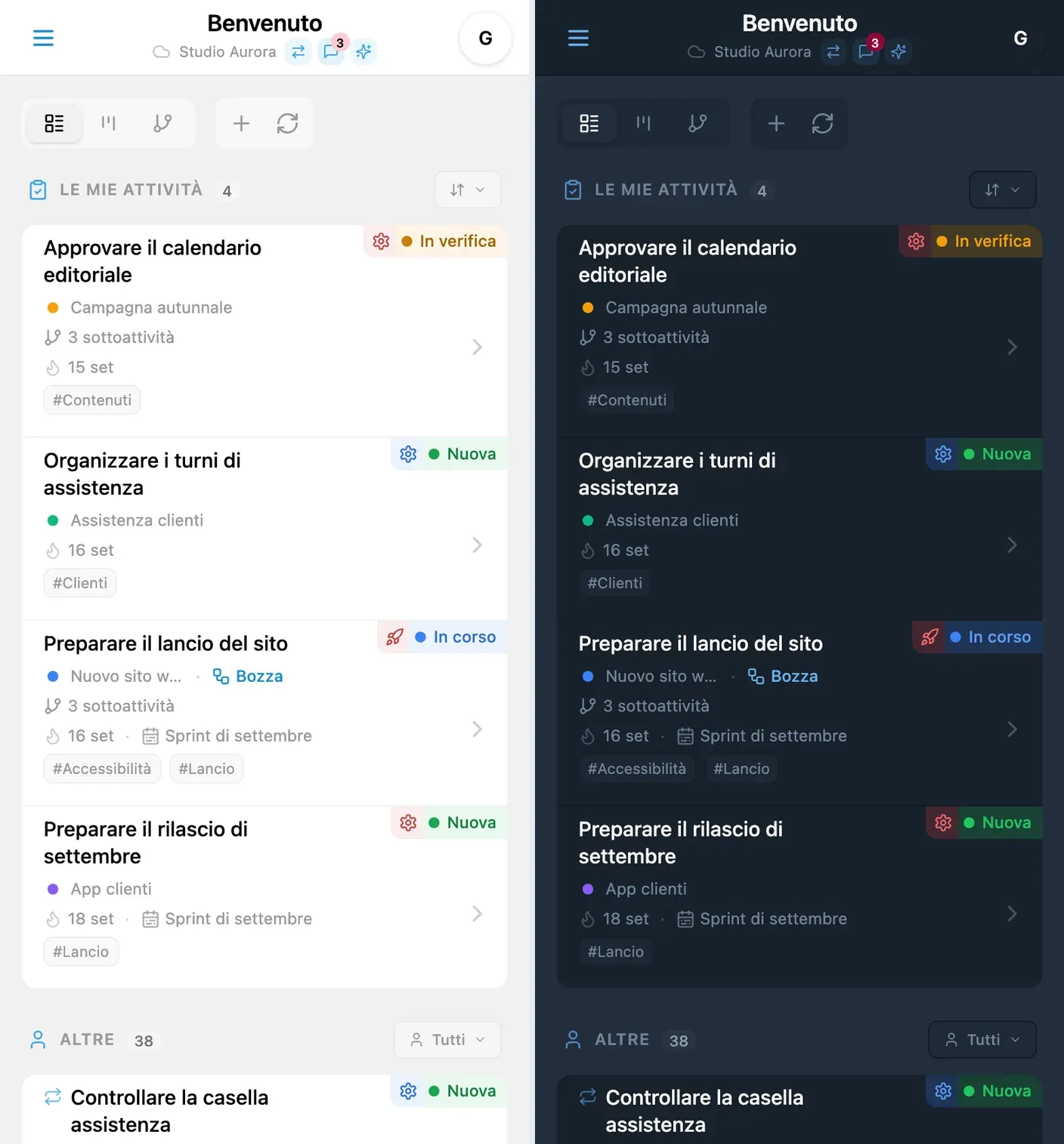 iTasks con i temi chiaro e scuro affiancati