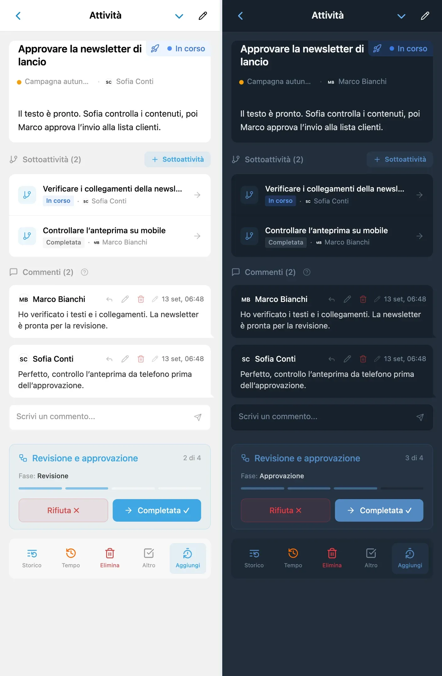 Pannello dello scenario con le azioni per completare o rimandare indietro