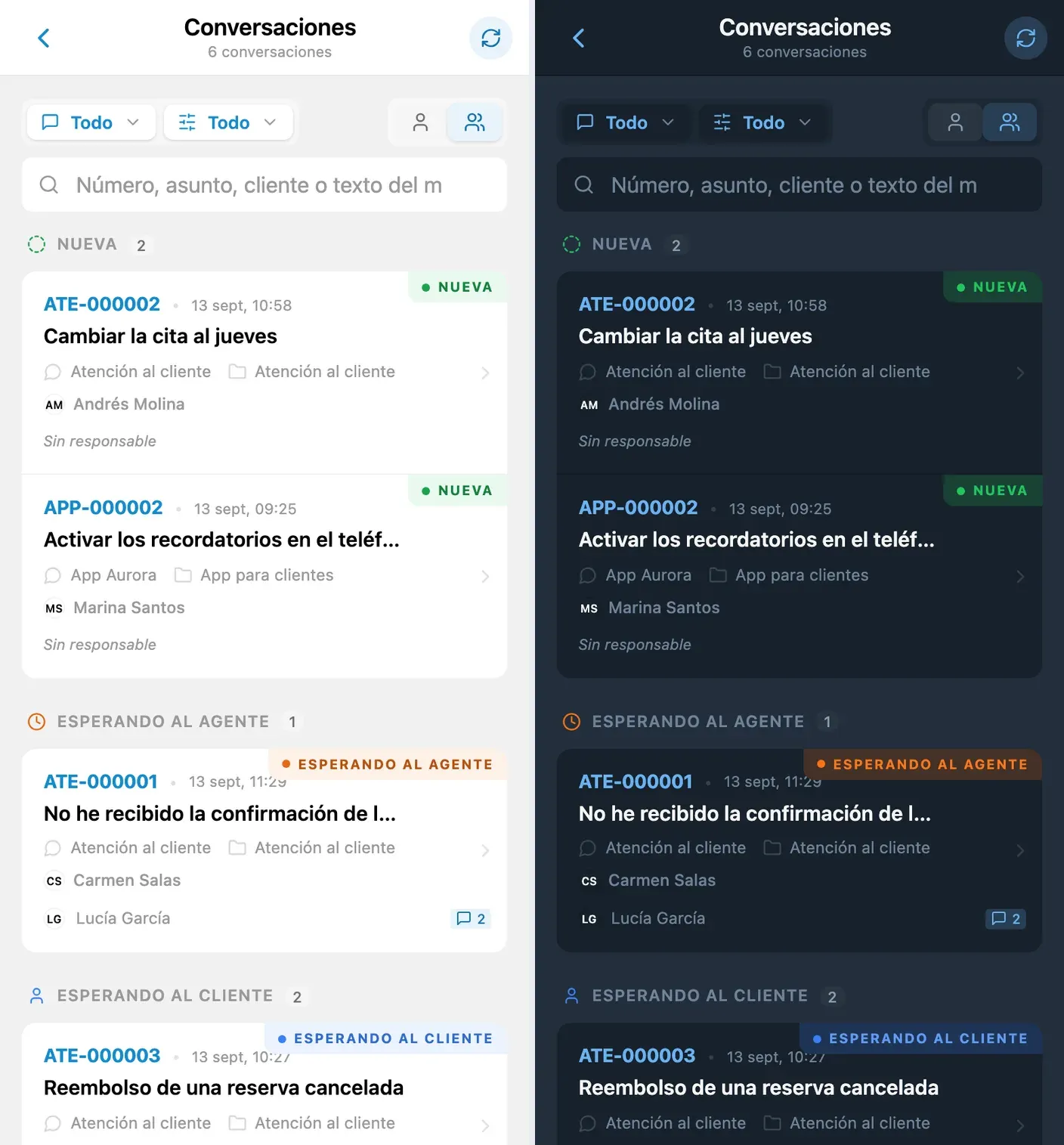 Solicitudes nuevas y conversaciones pendientes de respuesta del equipo, en los temas claro y oscuro