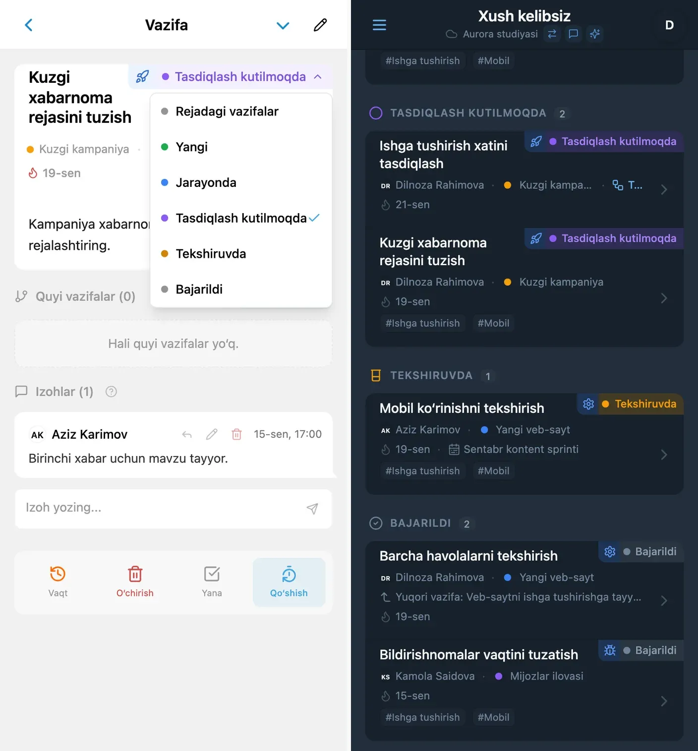 Maxsus holat ustunlari bilan iTasks Kanban taxtasi