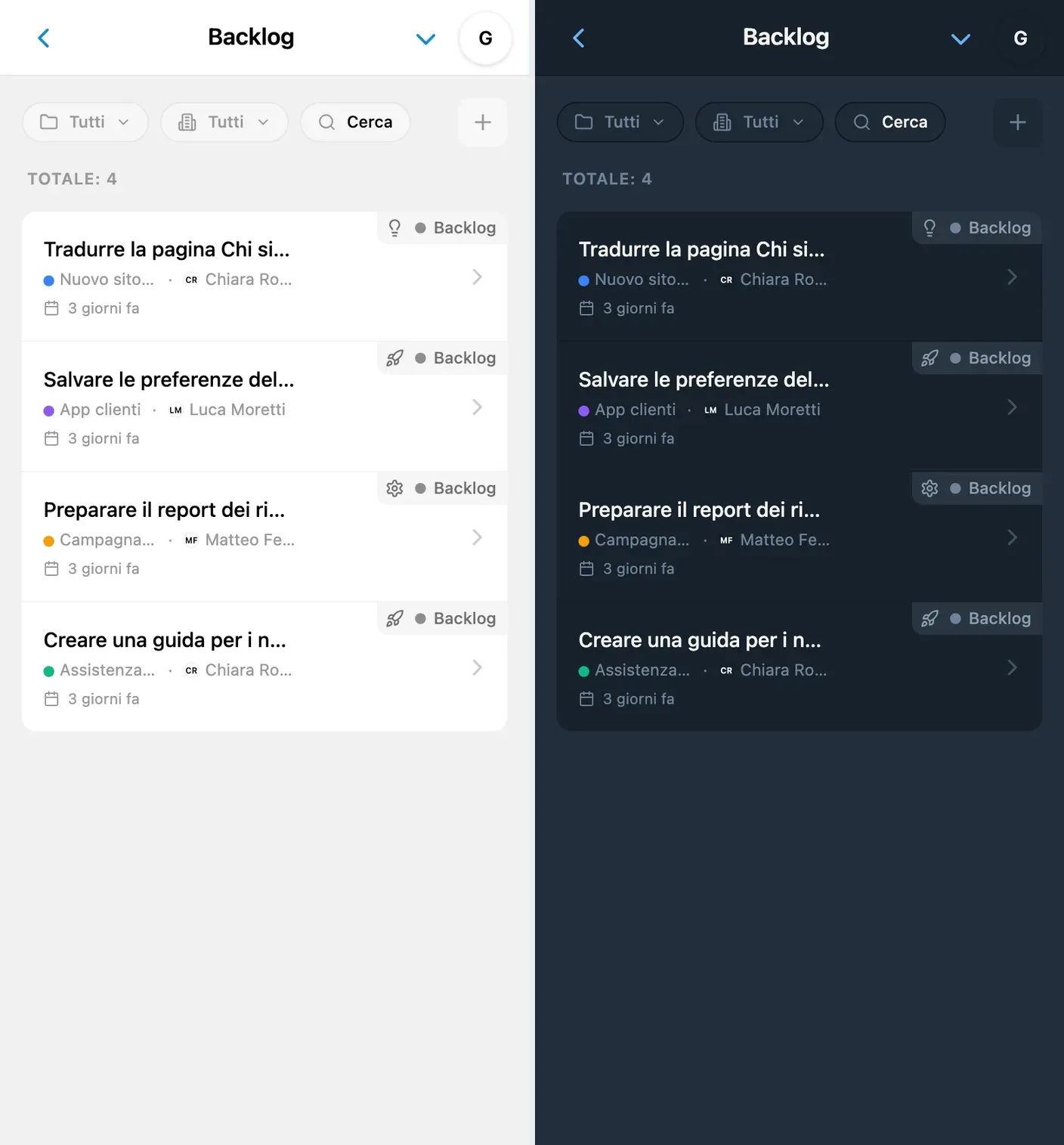 Vista backlog di iTasks con bozze e idee