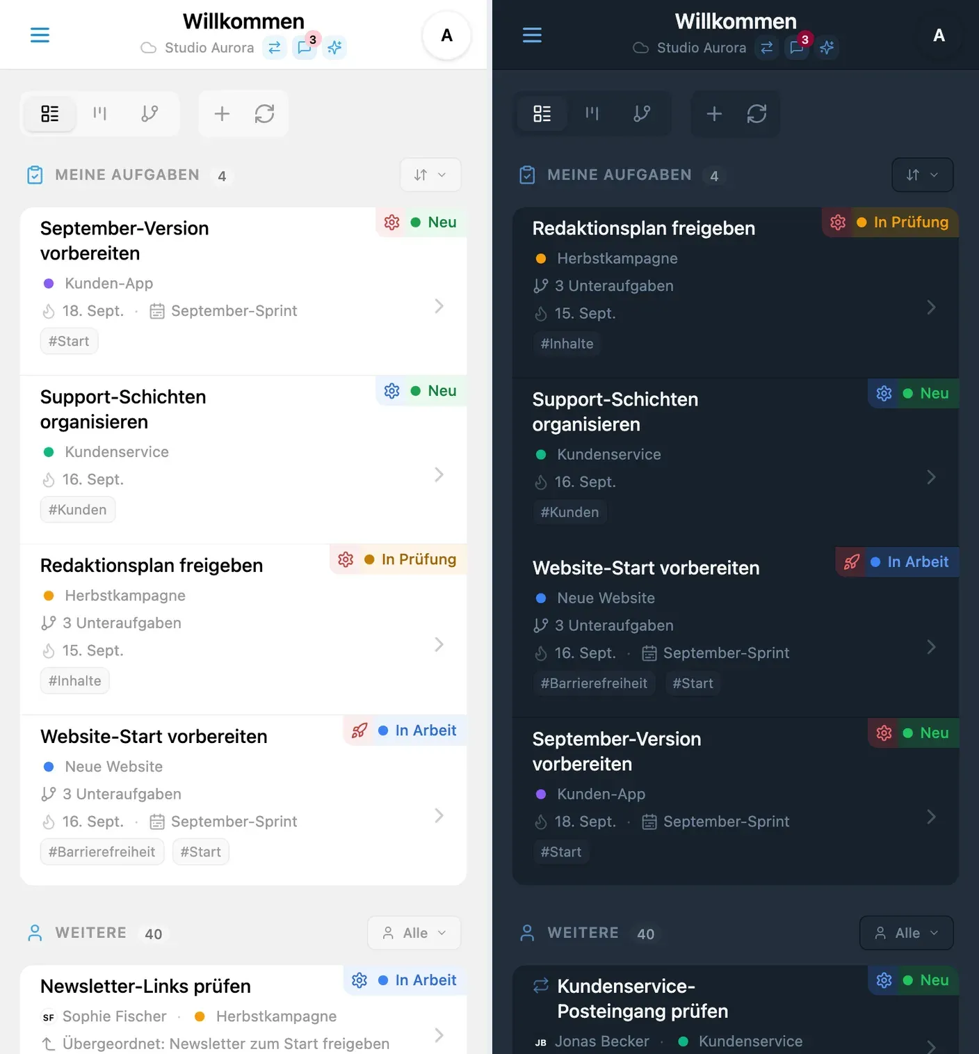Aufgabenkarten in iTasks mit farblichen Projektkennzeichnungen