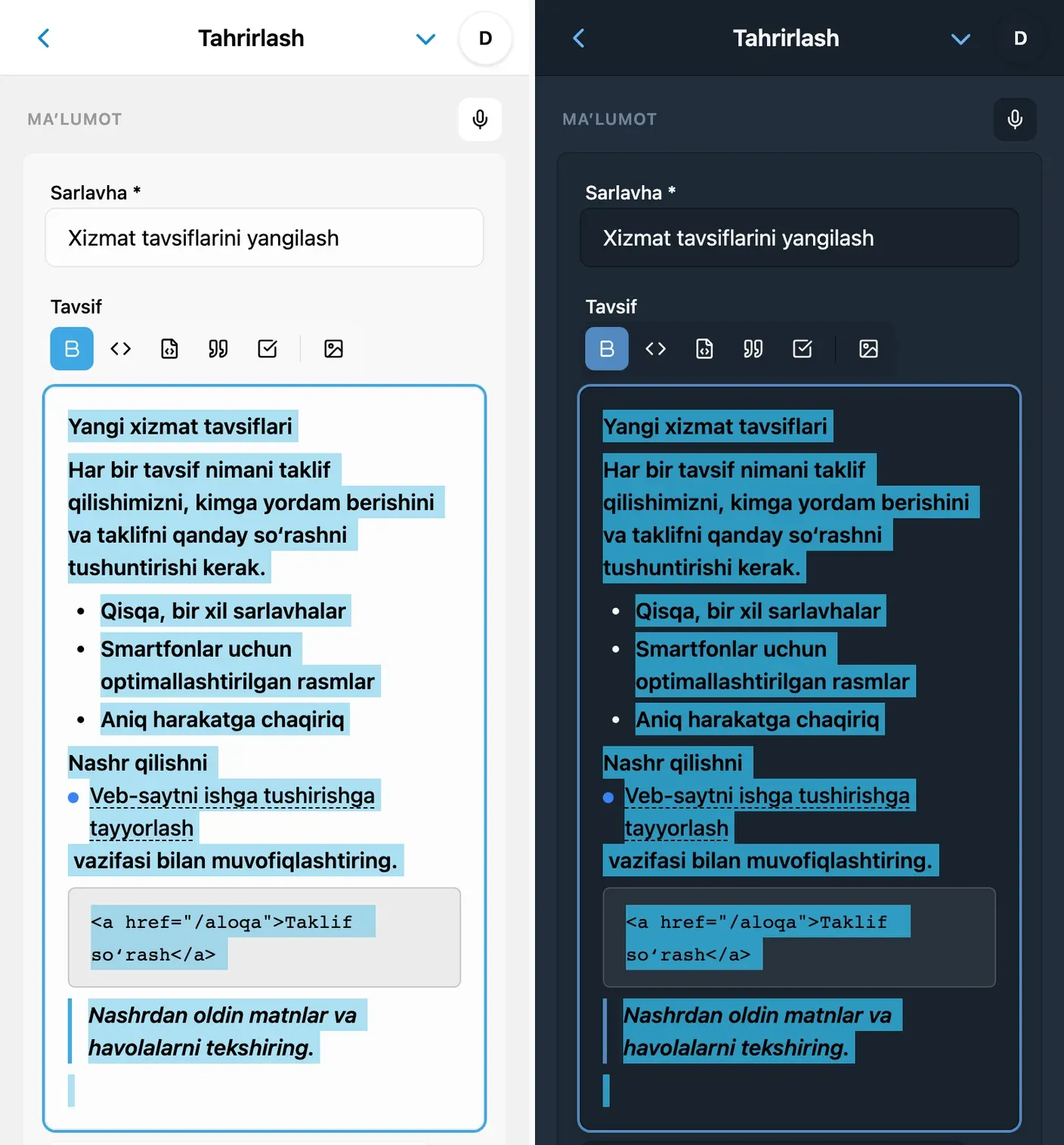 Sarlavha, ro‘yxat va kod bloki bo‘lgan iTasks tavsif muharriri