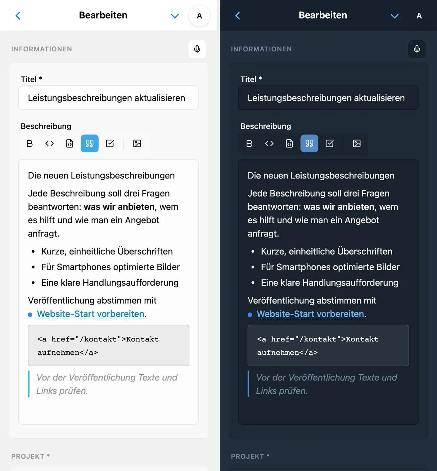 Beschreibungseditor in iTasks mit Überschrift, Liste und Codeblock
