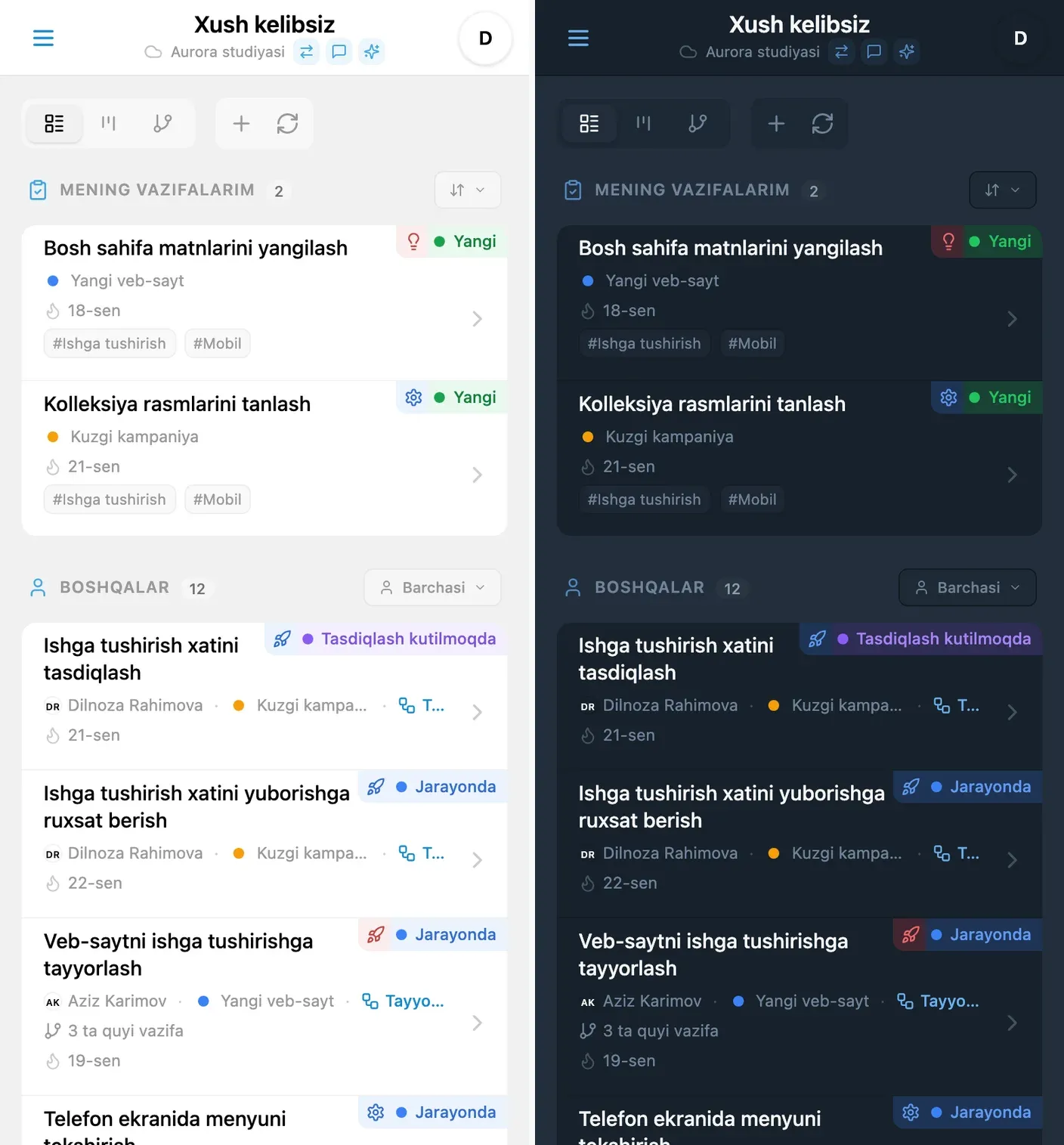 Rang bilan ajratilgan loyiha belgilariga ega iTasks vazifa kartalari