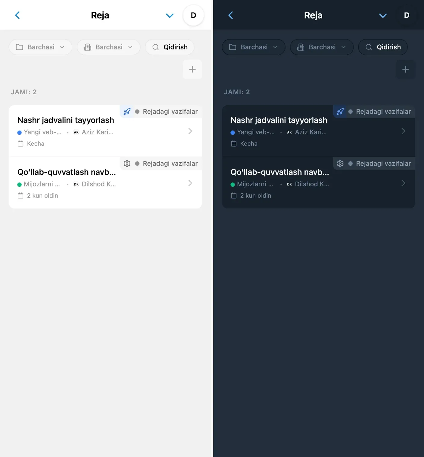 Yorug‘ va qorong‘i rejimlarda iTasks’dagi rejadagi vazifalar bo‘limi