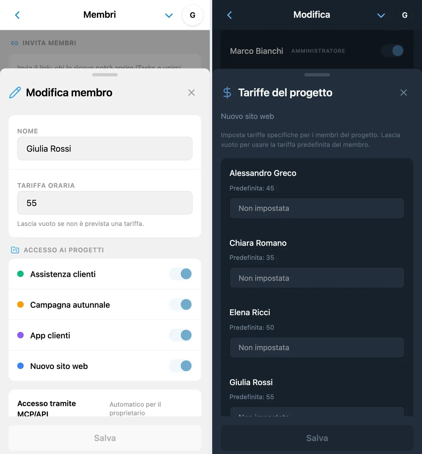 Impostazioni delle tariffe orarie dei membri in iTasks