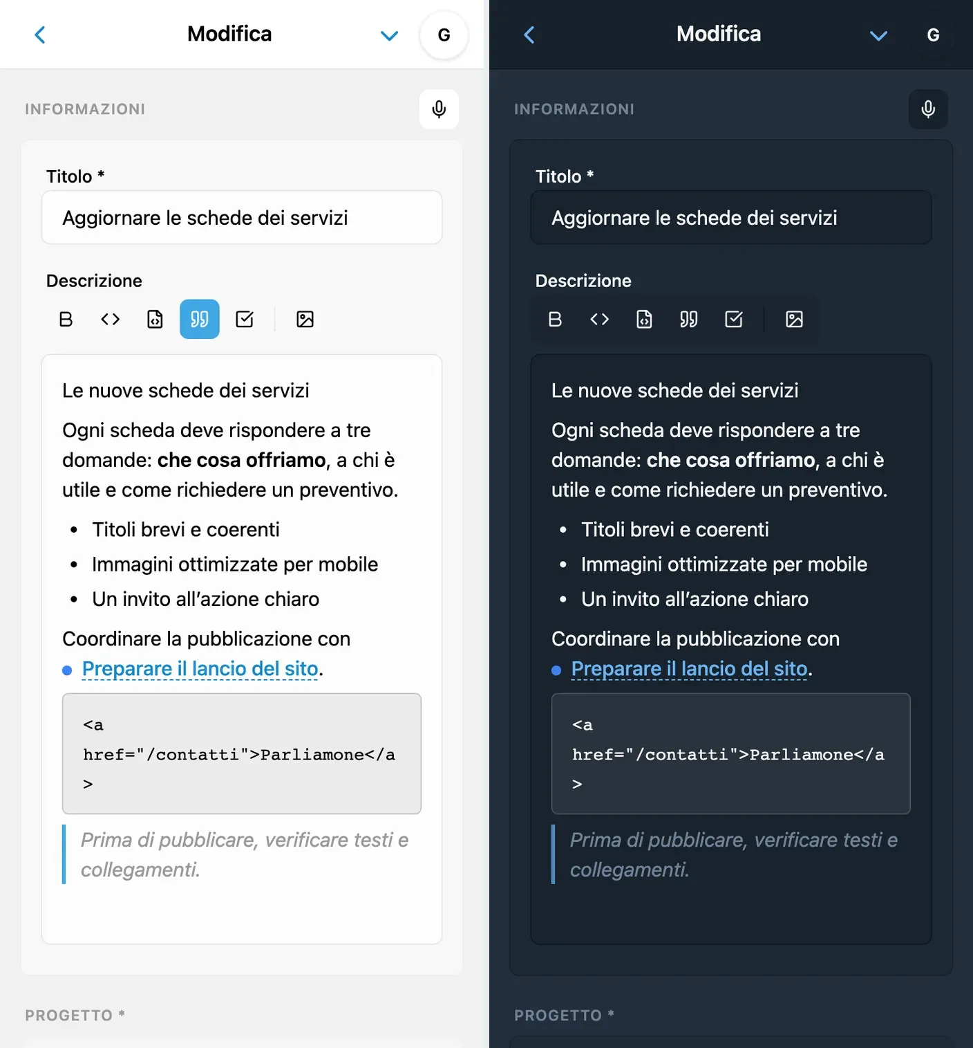 Editor di iTasks con testo formattato, elenco e blocco di codice