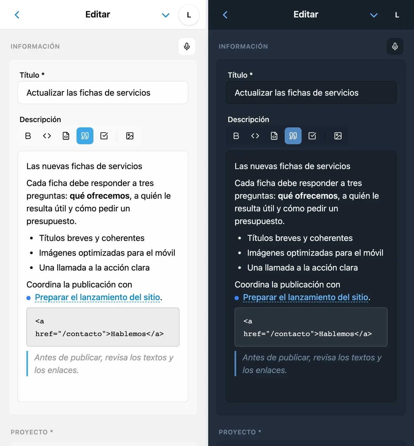 Editor de descripción de iTasks con encabezado, lista y bloque de código