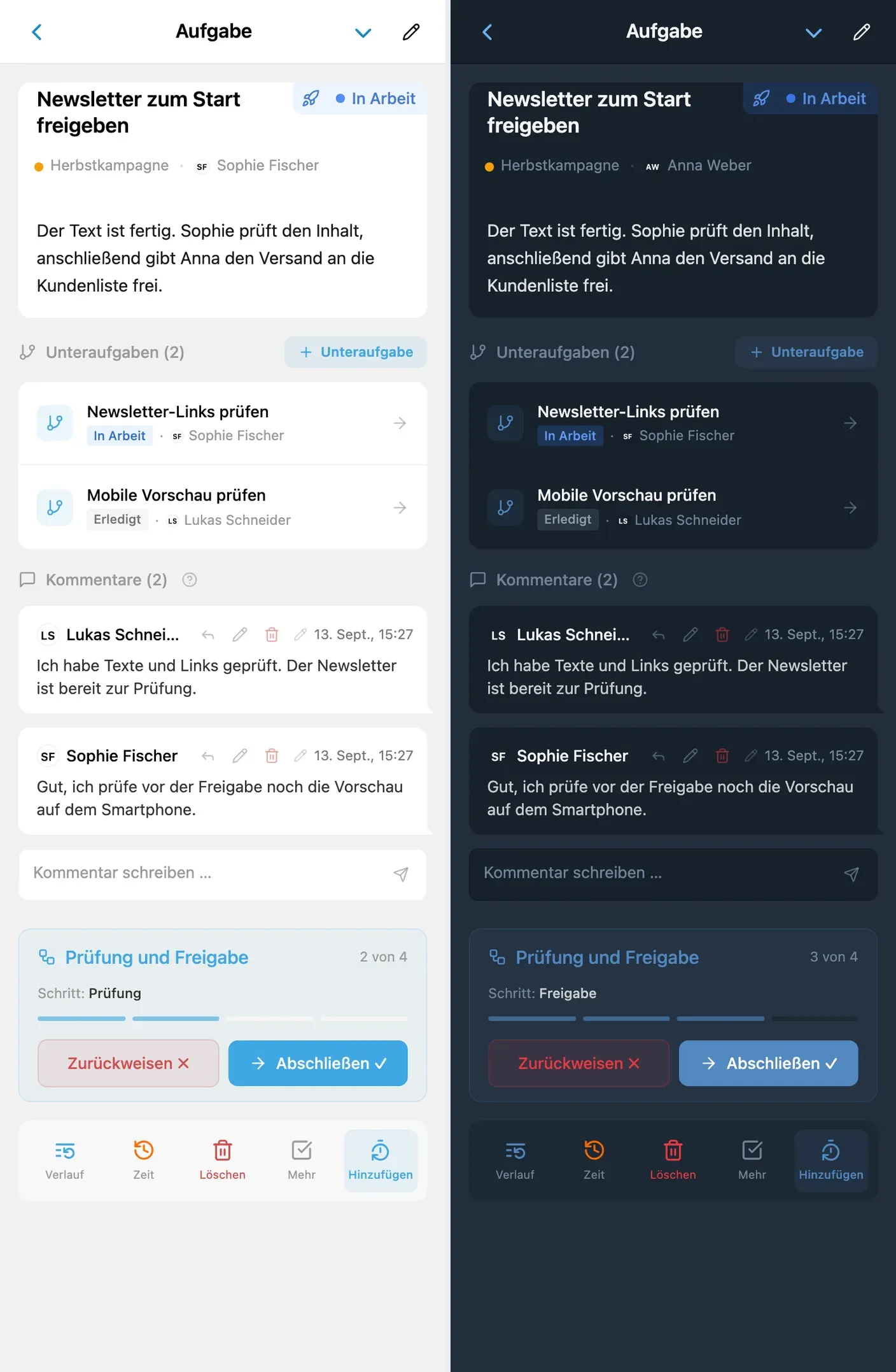 Workflow-Bereich einer Aufgabe mit Aktionen zum Abschließen und Zurückweisen