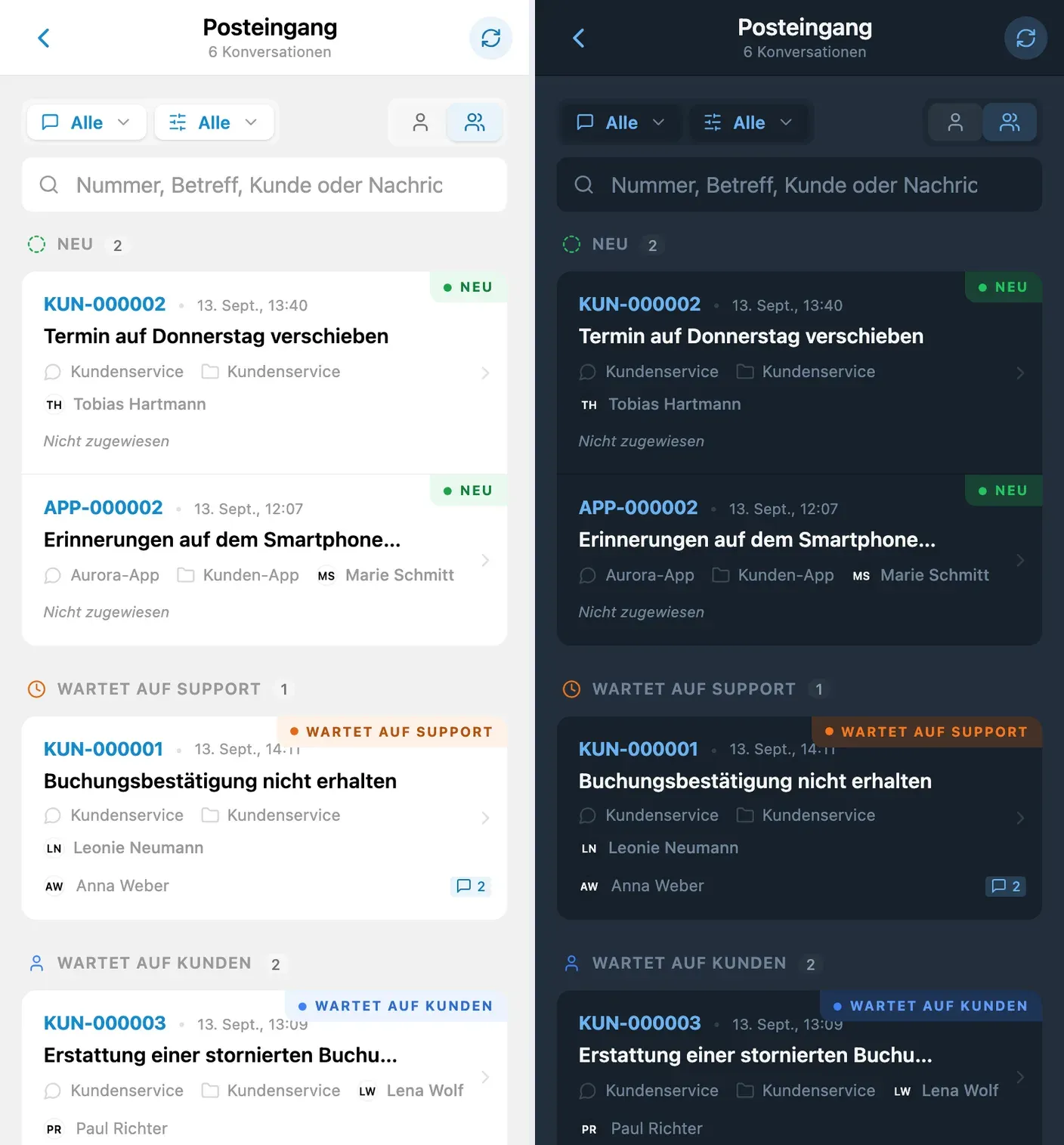 Neue Anfragen und Gespräche, die auf eine Antwort des Teams warten, im hellen und dunklen Design