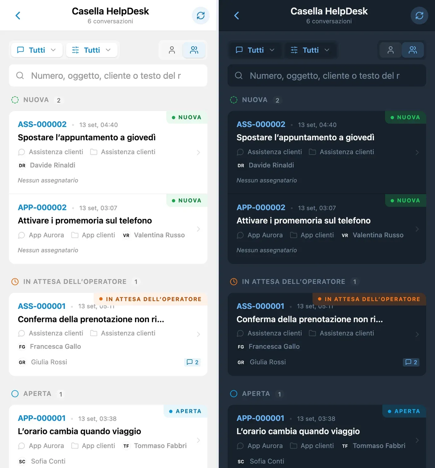 Casella HelpDesk con richieste cliente raggruppate per stato, in tema chiaro e scuro