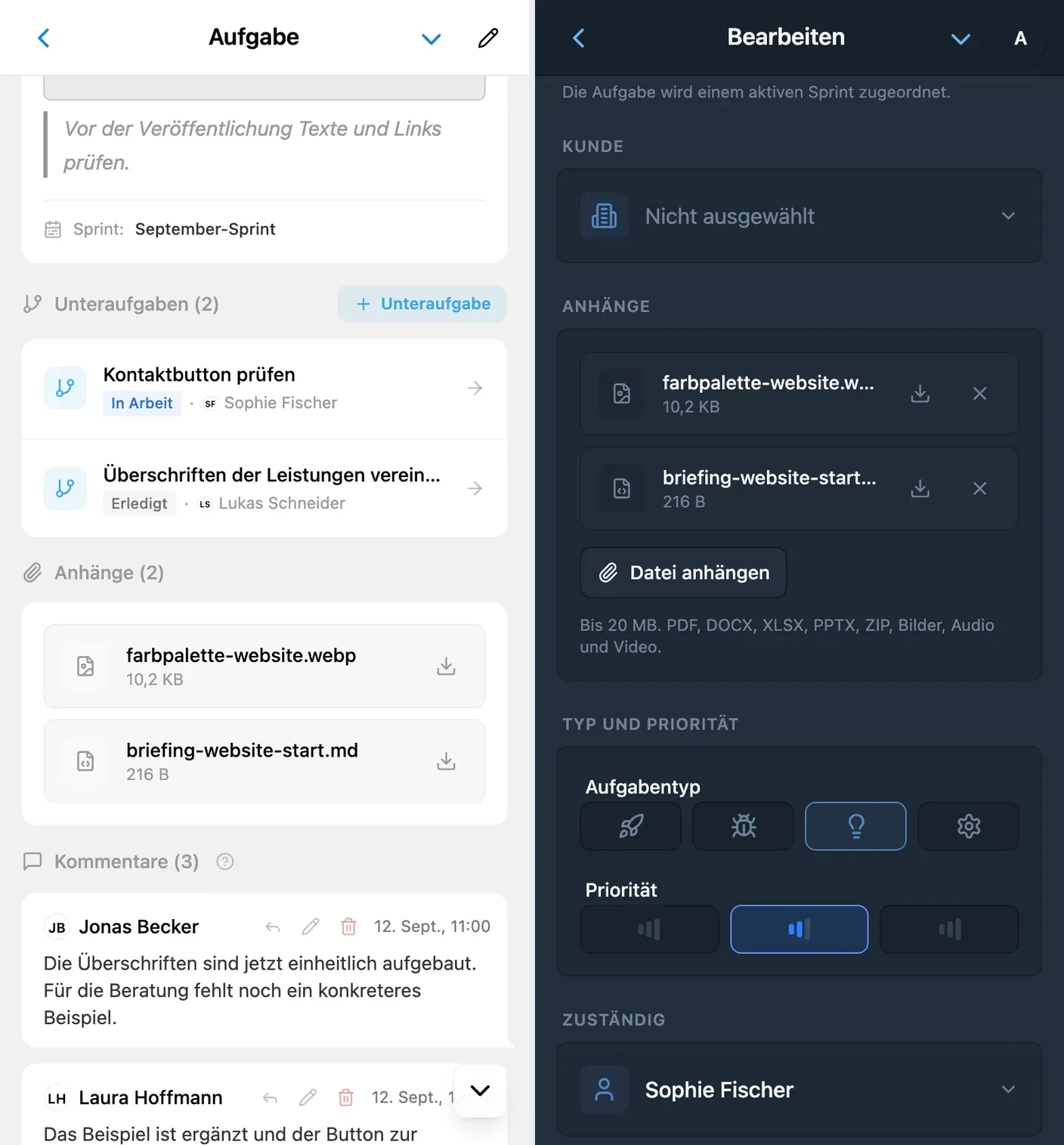 Dateien in der Aufgabenansicht und im Bearbeitungsformular von iTasks