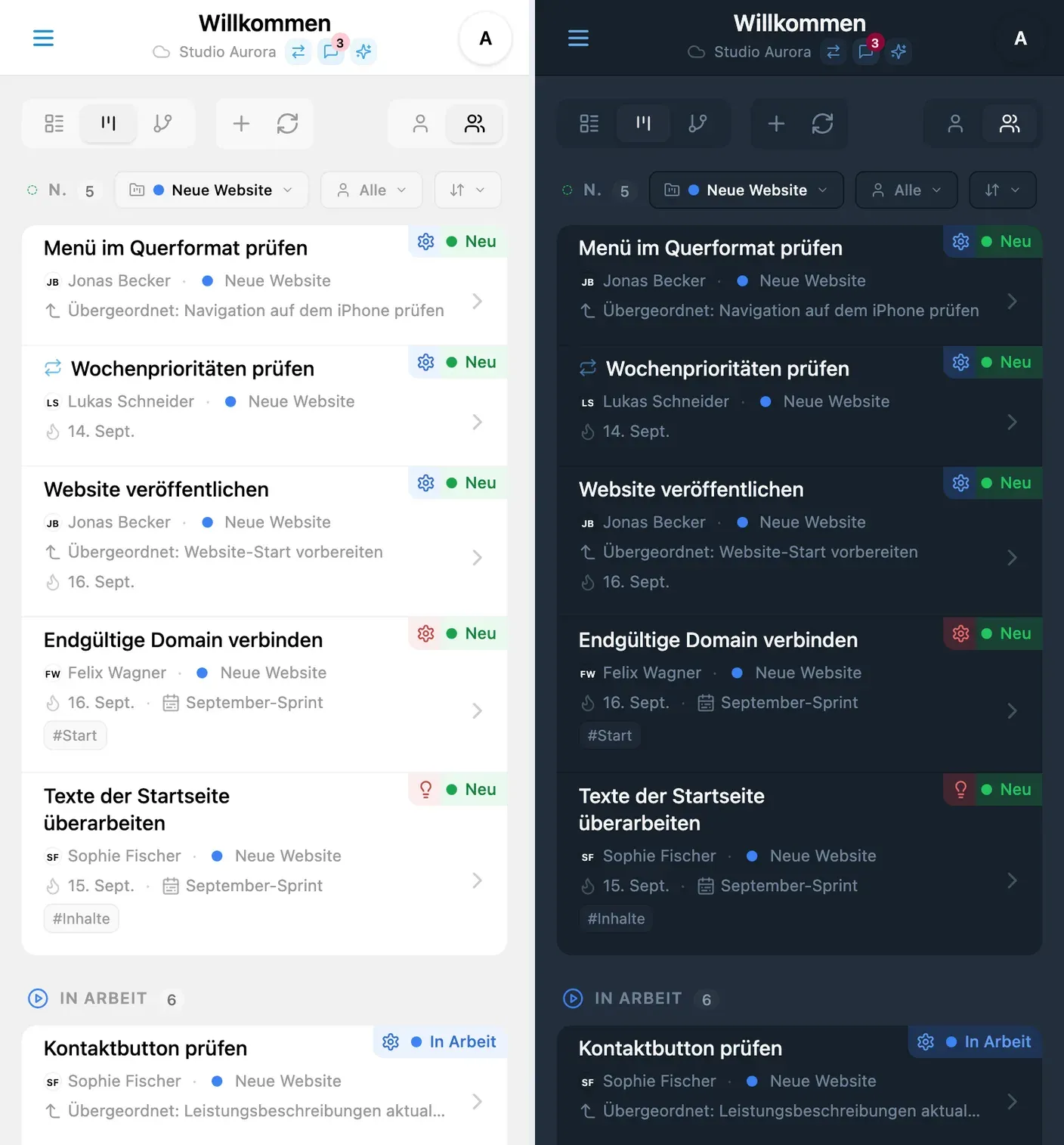 Nach einem Projekt gefiltertes Kanban-Board von iTasks im hellen und dunklen Design