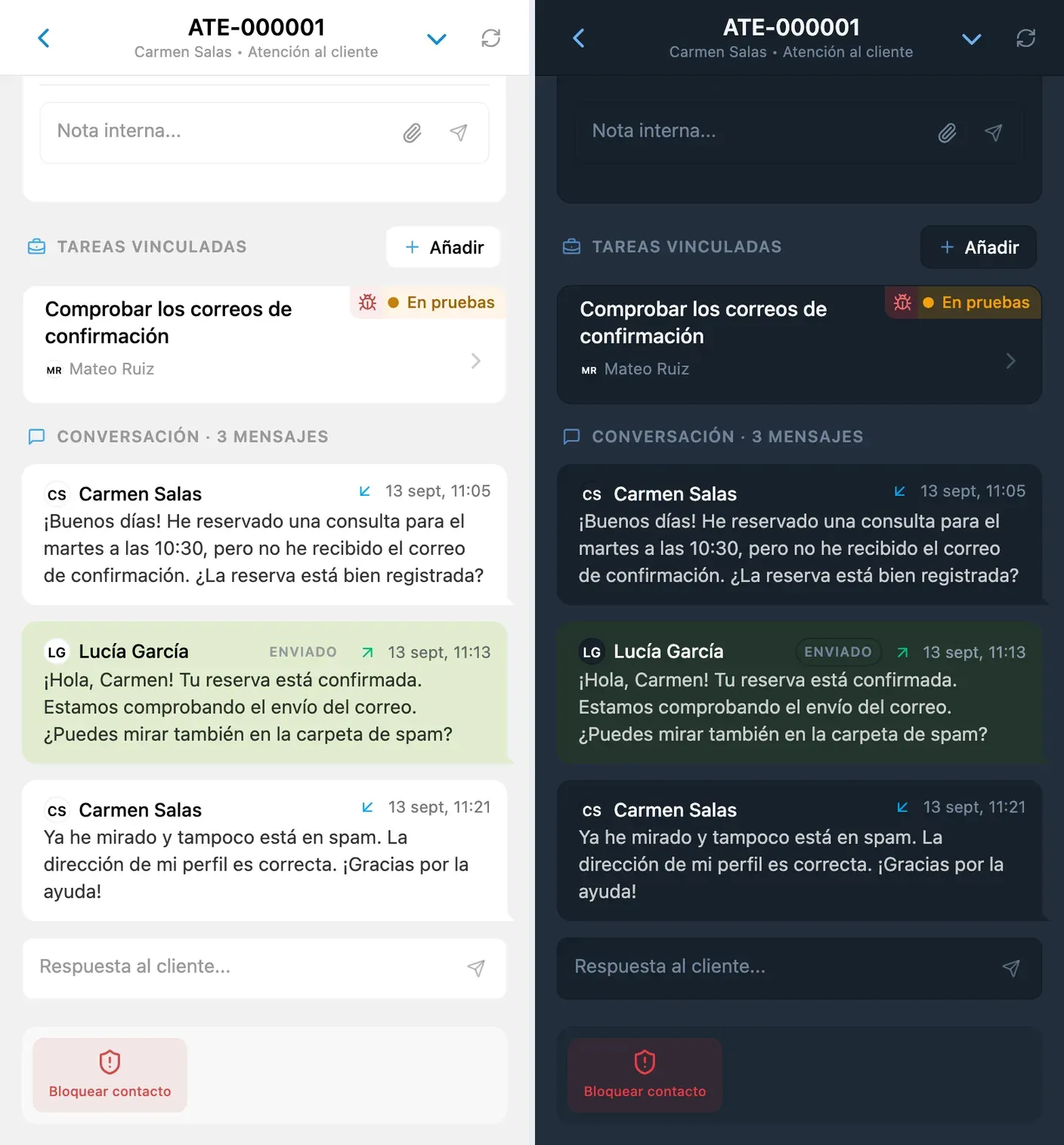 La tarea vinculada junto a la conversación con el cliente, en los temas claro y oscuro