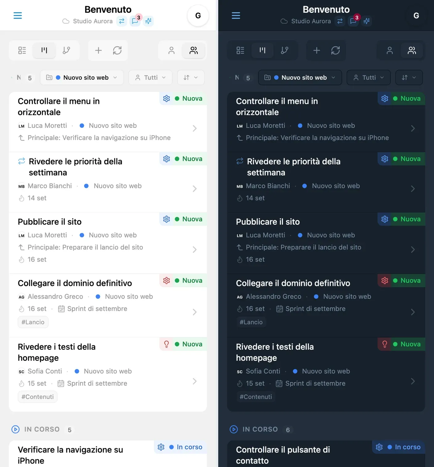 Bacheca Kanban di iTasks filtrata per progetto, in tema chiaro e scuro